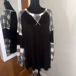 Celeste Black and Gray Plaid Long Sleeve Top